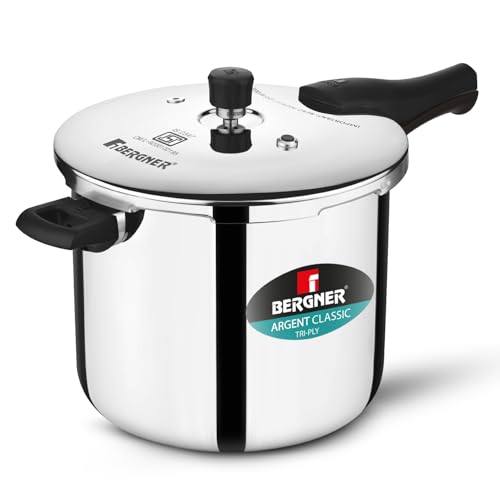 Image of Bergner Argent Classic Triply Stainless Steel Pressure Cooker 10L, Even Heat Distribution, Triply Cooker with Resettable Safety Valve, Sturdy Handle, Easy to Clean - Induction and Gas Stove Ready