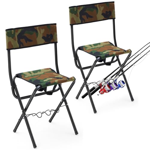 Wenqik 2 Pcs Summer Folding Fishing Chair with Rod Holder Hunting Camping Chairs for Adults Outdoor Portable Folding Chair for Men Women Ice Fishing Lawn Patio Garden Beach Gifts (Camouflage)