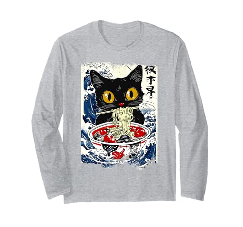 T-Shirt Graphique Japonais Amusant Motif Chat Ramen Kawaii Anime Merch Manche Longue