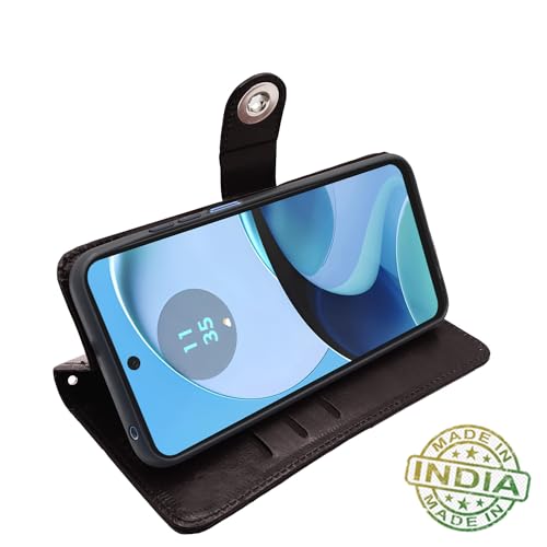 Image of Pikkme Flip Cover Leather Finish | Inside TPU with Card Pockets | Wallet Stand and Shock Proof | Complete Protection Button Flip Case for Moto G14(Coffee)