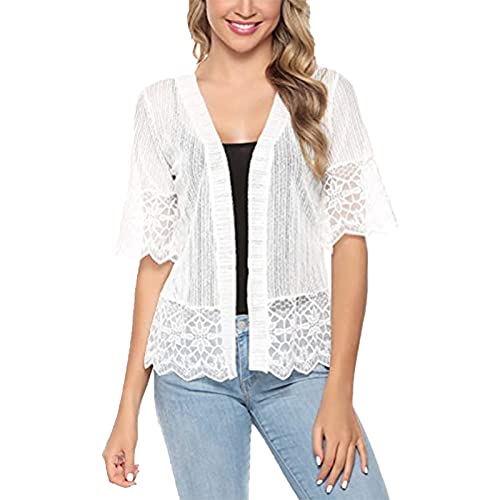 Women's Lace Patchwork Open Front Cardigan Lightweight Sheer Half Sleeve Bolero Shrug Jacket Summer Kimono Cover Up