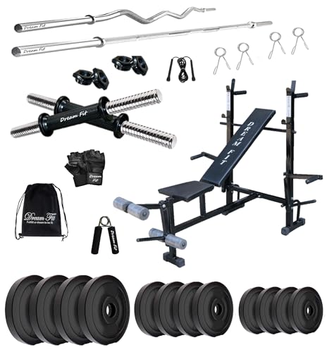 Image of DREAM FIT PVC Home Gym Set - 36 Kg with 8in1 Gym Bench, 3 ft Curling Rod, 5 ft Straight Rod, 1 Pair Dumbbell rods and Gym Accessories (36kg)