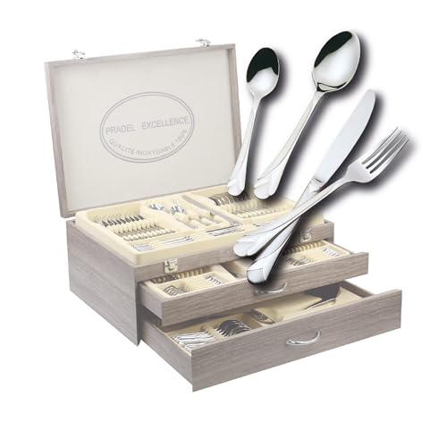 Pradel Excellence - Ménagère Ambiance 113 Pièces - Coffret Bois 2 Tiroirs - Service pour Grandes Occasions - Design Sablé et Brillant - Poignées Ergonomiques pour Confort