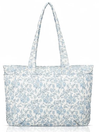 Bolso tote azul floral con lazo rosa acolchado miniatura 1