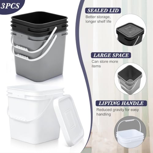 Image of Mumufy 3 Pcs 3.5 Gallon Square Food Grade Bucket with Lid Square Bucket Pail Plastic Handles for Long Term Food Storage, Camping, Fishing, Home Organization Easy Stack and Store (Black,Gray,White)
