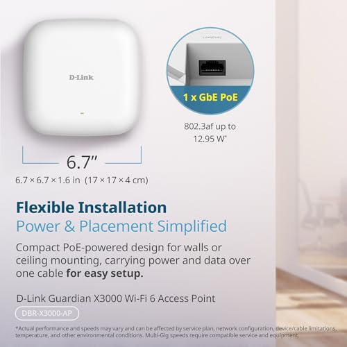 Image of D-Link Guardian X3000 Wi-Fi 6 Access Point (DBR-X3000-AP) Dual-Band AX3000 Smart Access Point with WPA3, VLANs, PoE Powered, Guest WiFi, Mesh Support, Centralized Management