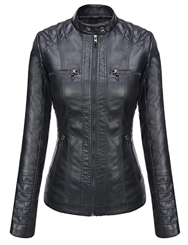 Springrain Women's Faux Leather Jacket Moto Biker Coat with Detachable Hood Motorcycle Jacket4