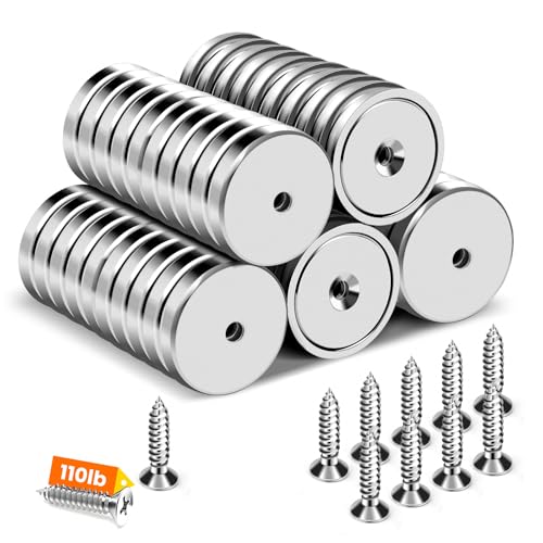 Image of DIYMAG Magnets with Countersunk Hole,1.26 Inch 110LBS 50 Pack | Heavy Duty Magnet Rare Earth Neodymium Strong Round Base Cup and Stainless Screws for Refrigerator,Office,Craft
