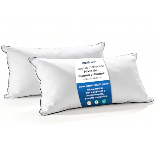 Dafinner 3 cámaras Almohada 40 × 80 cm-2 Unidades, 90% plumón cámaras ext. Mezcla Plumas INT., Oeko-Tex Downpass Soporte Medio Funda algodón orgánico