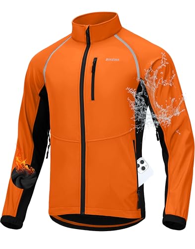 Men's Winter Cycling Jackets Thermal Warm Water Resistant Bike Running Windproof Fleece Cold Weather Mountain Biking Bicycle Riding Gear(Orange/Black,L)