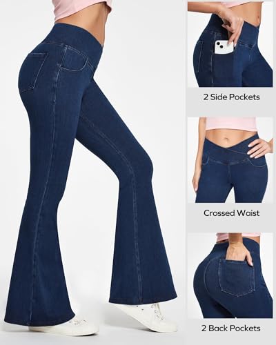 Stretchy Jeans for Women Bell Bottom Jeans High Waisted Jeggings Flare Jeans with Pockets Crossover Pull On Jeans4