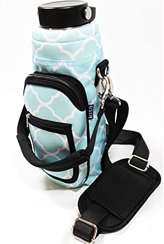 Water Bottle Holder Carrier Flask Bottles Adjustable Shoulder Hand Strap 2 Pocket Sling Neoprene Sleeve Hiking Travel 16oz 17oz 20oz 24oz 25oz 32oz 40oz (Medium, Aqua Trellis)