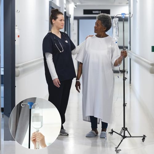 Infusionsständer mit Rädern, Zusammenklappbarer IV-Stange mit 4 Haken 3 Netztaschen und 1 Aufbewahrungstasche, tragbarer IV-Ständer, geeignet für Krankenhäuser und die häusliche Pflege