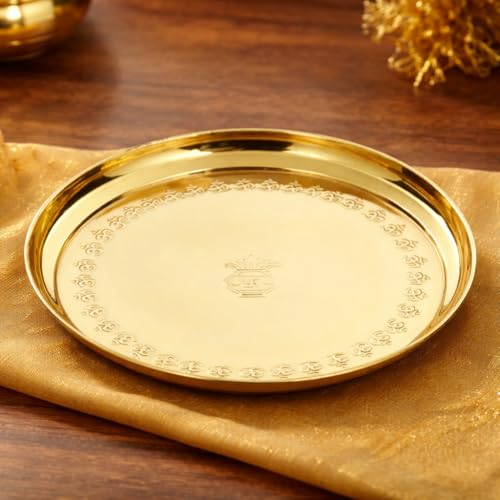 Image of Mkd2 Rise Brass Pooja Thali Plate with OM Design - 10 Inch (25 cm) Aarti Puja Plate for Home, Temple & Mandir, Diwali Gift, 1 Piece