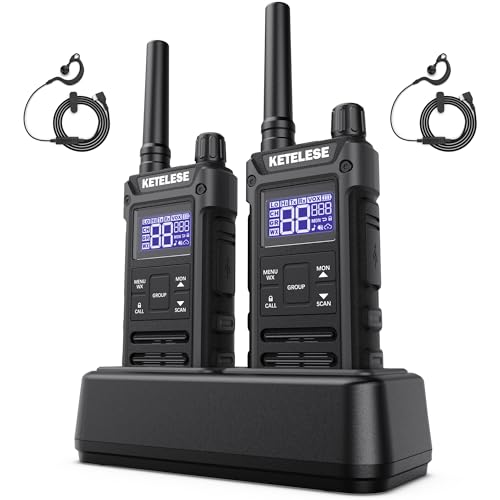 KETELESE T3G Heavy Duty Walkie Talkies for Adults, IP67 Waterproof Long Range 2 Way Radio, with Earpiece and Mic, Type-C Charge Dock&Cable, VOX, NOAA, PTT, Group 2 Pack, Black/Grey Black 2 P