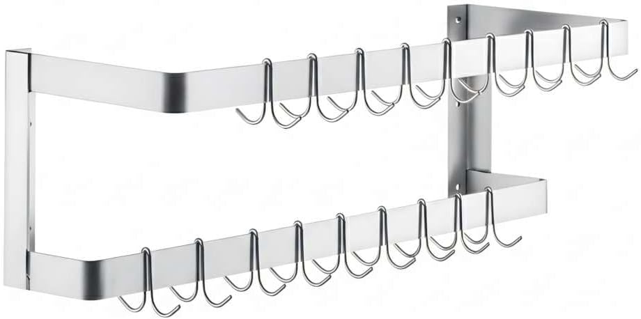 48" Stainless Steel Wall Mounted Pot Rack, Double Line Design with 18 Hooks for Cookware, NSF