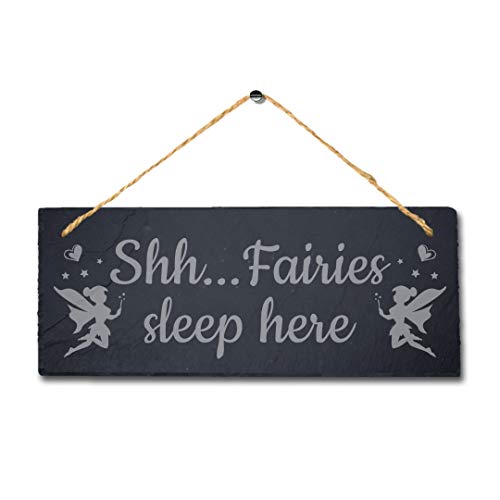 Stukk Meeting Place Hanging Sign Gift Garden Home Outdoor (Shhh Fairies Sleep Here), Natural Engraved Slate Stone Plaque - Image 3