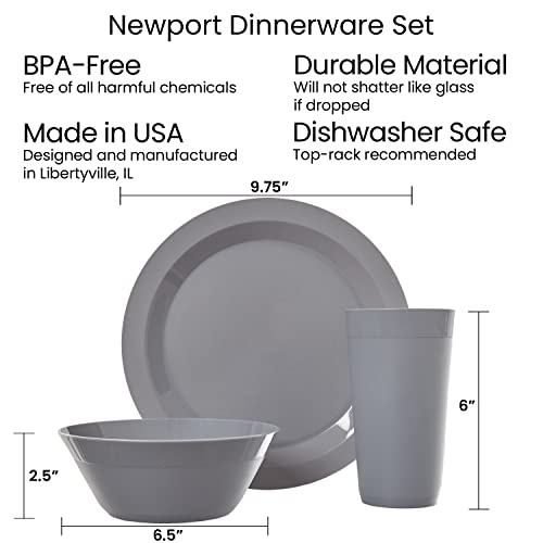 Us Acrylic Newport Plastic Plate, Bowl And Tumbler Dinnerware Set For 4 In Grey Stone | 12-Piece Drinking And Dining Set | Reusable, Bpa-Free, Made In The Usa, Top-Rack Dishwasher Safe #TOP4