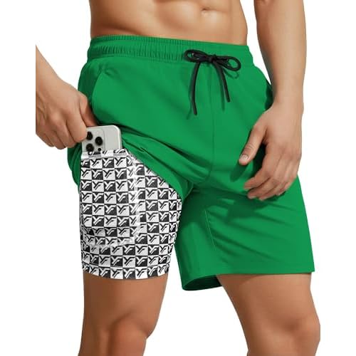 7 Inch Men Swim Trunks with Compression Liner Quick Dry Drawstring Male Swimtrunks for Beach Summer Water Park Small Peacock Green