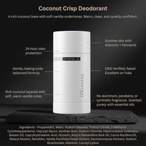 Image of HygieneLab Men's Deodorant - Aluminum-Free, 24-Hour+ Odor Protection, EWG Verified, Smooth Glide Application, Scented purely with essential oils, Coconut Crisp