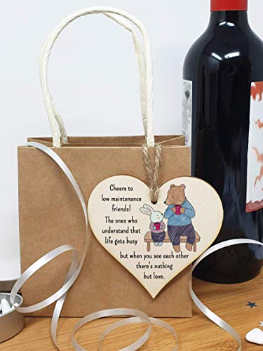 The Plum Penguin Handmade Wooden Hanging Heart Plaque Gift Cheers to low maintenance friends long distance friendship miss you cute wall hanger hand drawn design - Image 4