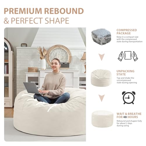 3FT Bean Bag Chair, Comfy Bean Bag Chairs with Memory Foam Filled, Fluffy Beanbag Sofa with Dutch Velvet Cover, Round BeanBag Chairs for Living Room, Playroom - Beige