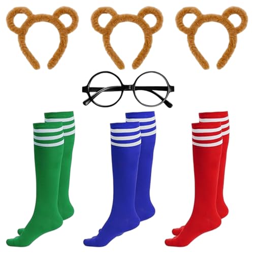 YOUDRN 7pcs Chipmunks Costume Accessory Sets 3pcs Chipmunk Ears Headband 3pcs Socks and and 1pcs Round Frame Glasses Set for Cosplay Animal Halloween Party