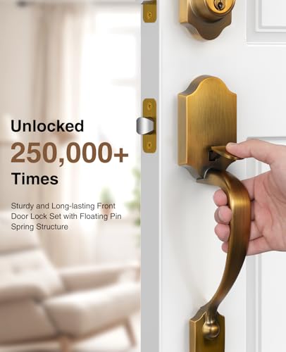 Image of Brightify Antique Brass Front Door Lock Set, Keyed Entry Door Handle with Deadbolt for Home Security, Reversible Left /Right-Hand, Adjustable Latch, Fits 1-3 /8 inch to 1-3 /4 inch Door Thickness