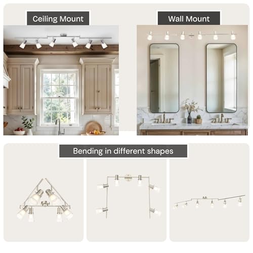 Laite Lumens 6-Light Decorative Track Lighting Kit, Brushed Steel Finish Flush Mount Ceiling Light Fixture with Frosted Glass Shades, Foldable Z-Bar, E26 Adjustable Heads Provide Directional Light