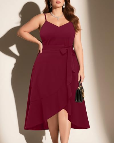 Image of Pinup Fashion Plus Size Cocktail Party Wedding Guest Semi Formal Midi Dress | Sexy V-neck, adjustable spaghetti strap, belted waist, fit and flare, flowy high-low ruffle hem, ideal for prom, homecoming