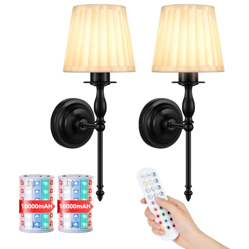 Image of 10000mAh Battery Operated Wall Sconce Set of 2,Rechargeable Wall Sconces set of Two,Vintage Black Sconces Wall Decor,Wireless Wall Lamp,Cordless Wall Lights Living Room Bedroom (Not Peel and Stick on)