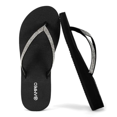 Ampeo Womens Sparkly Rhinestone Dressy Sandals Comfortable Orthotic Arch Support Flip Flops with Non-Slip Sole Thin Straps for Beach Wedding Vacation Walking Party - Black Size 8