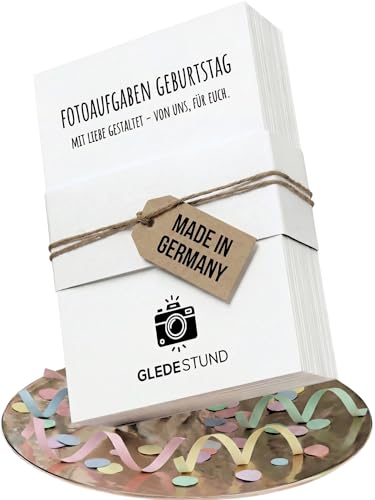 GLEDESTUND® Fotoaufgaben Geburtstag – 60 Karten mit 50 kreativen Aufgaben + 10 Blanko-Karten, Nachhaltig produziert in Deutschland, modernes Schlichtes Design für Jung & Alt