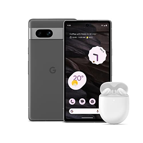 Google Pixel 7a - 広角レンズと 24 時間のバッテリー寿命を備えた無料の 5G Android 携帯電話 - カーボン + Pixel Buds A シリーズ - ワイヤレス ヘッドフォン - Bluetooth ヘッドフォン - ホワイト