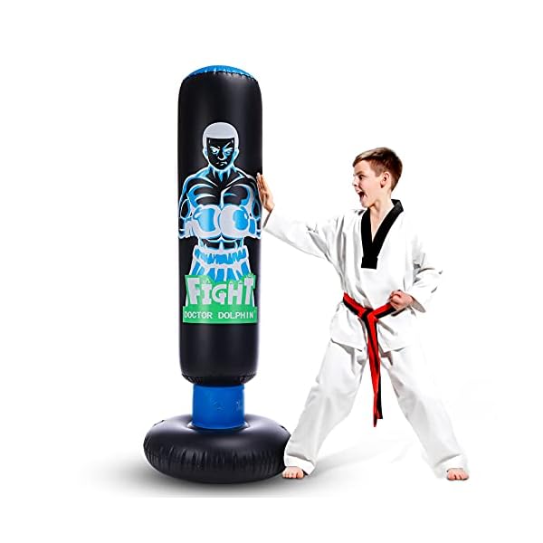 Inflatable Kids Punching Bag with Stand 63 inch with Stand Freestanding Punching Bag with Bounce Back Tall 63 inch Fitness Boxing Bag for Practice Kickboxing Taekwondo MMA Karate for Kids and Adults