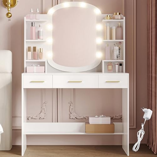 HEXCELEN 90 cm Tocador con Espejo Ovalado, Mesa de Maquillaje con 10 Luces LED, Tocador de Maquillaje, Brillo Ajustable, 3 Cajones con 6 Compartimentos Abiertos, Blanco