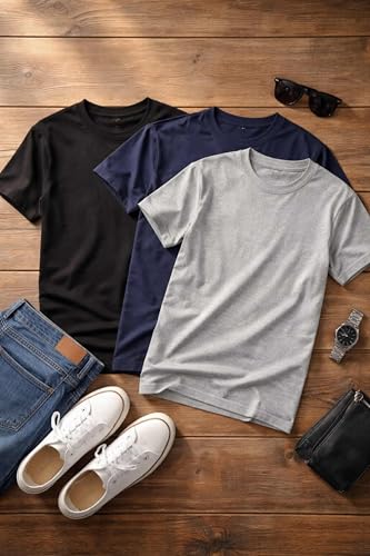 Image of Men's Round Neck T-Shirt Combo Pack (Pack of 3) | 100% Cotton 200 GSM | Bio-Washed | Soft & Breathable | Regular Fit Plain T-Shirts for Men