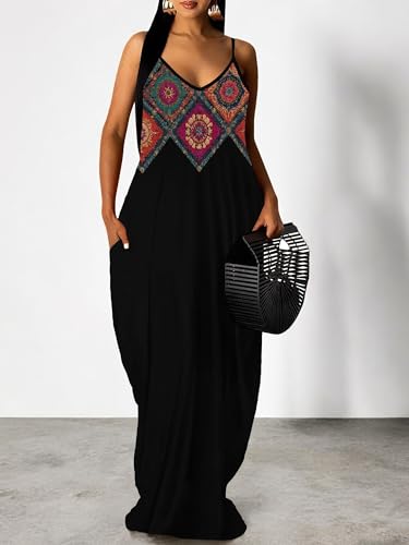 Image of Women's Summer Maxi Dress Spaghetti Strap Floral Boho Beach Long Sundress with Pockets