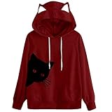 Gato Oreja Sudadera con Capucha para Mujer Niña, Morbuy Orejas de Gato Sudaderas Hoodie Otoño Invierno Talla Grande Casual Impresión Tops de Manga Larga (S,Vino Rojo)