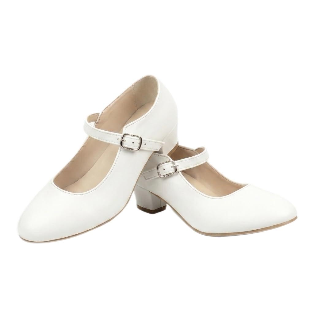 Zapatos Blancos de Baile Flamenco para Niña y Mujer de Iniciación | Talla 24-41 | Tacón Ancho de 3,5 cm | Cómodos para Clases de Sevillanas y Danza Española | Cierre de Hebilla