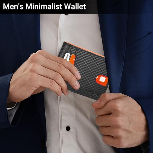 VATAN Wallet for Men, Mens Minimalist Wallet Credit Card Holder, Slim Leather Rfid 2 ID Window Large Capacity With Gift Box (Carbon Black and Orange)2