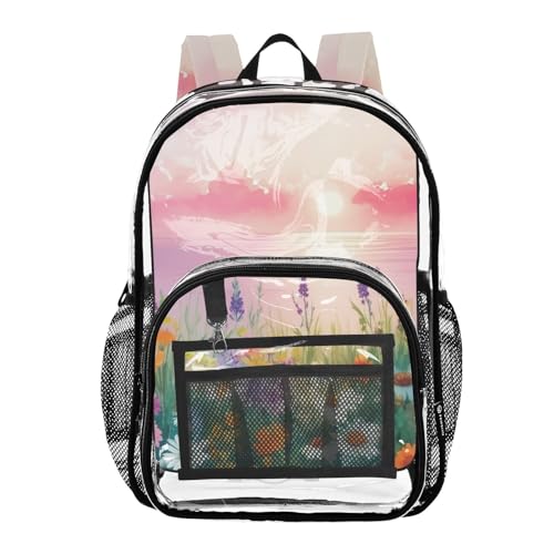 Painted Wildflower Meadow Pink Travel Clear Bags for Women Girls Backpack Kids Boys Plastic Transparent Bookbag