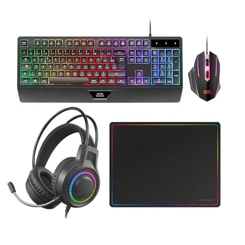 Mars Gaming MCP124PRO, Espagnol, Combo Gaming 4en1, Clavier RGB H-Mech avec Repose-Poignets, Souris RGB 3200DPI et Switches HUANO, Casque FRGB, Tapis Nanotextile 36x26cm, Multiplateforme, Noir