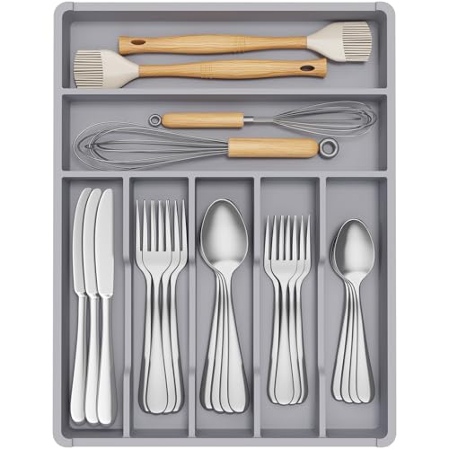 Lifewit Pequeño Bandeja para Cubiertos, Porta Cubiertos con 7 Compartimentos, Cajon Organizador Cubiertos de 31 x 41 cm, Separador Cubiertos Cocina Plástico con Cuchara/Tenedor/Cuchillo, Gris