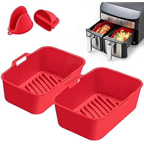 HEETA Air Fryer Silicone Liner Compatible for Ninjas Dual Air Fryer [2 Pack] Newest Silicone Pot with Oven Gloves, Reusable Double Air Fryer Silicone Basket for 6-8L(Red) Cover