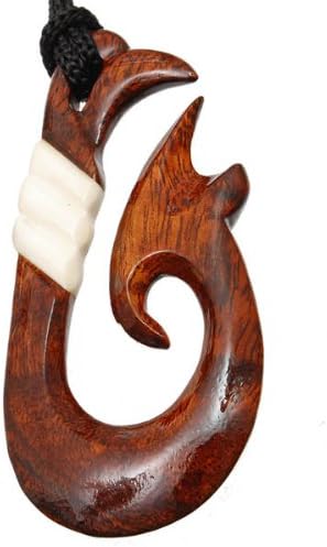 Fish Hook Pendant Koa Wood and Bone Maori Style - Large