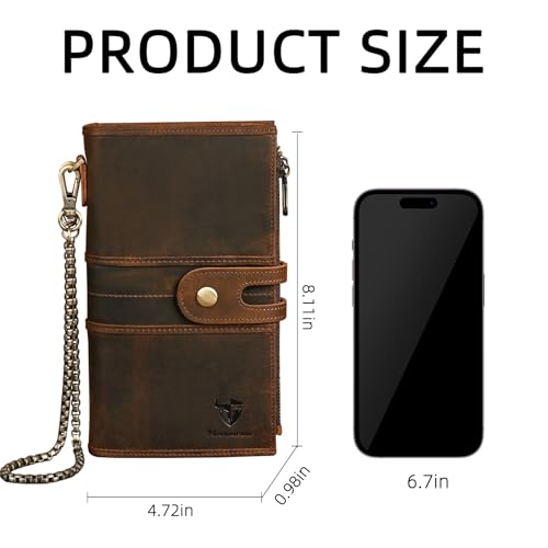 Image of Genuine Crazy Horse Leather Travel Gift Coin Pocket Card Case Long Organizer Chain Rfid Wallet Purse With Snap For Men Male 1803 1815 (1815 Brown)