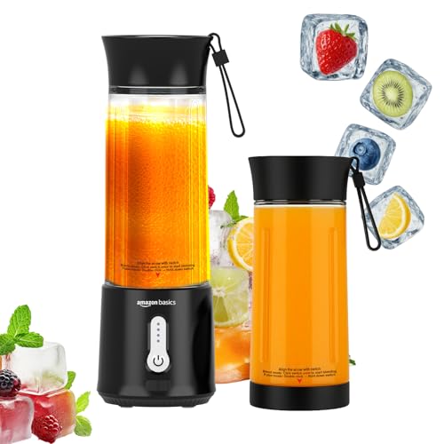 Image of Amazon Basics Portable Hand Blender for Smoothies and Juices | Pulse Mode | USB Rechargeable | 6 Stainless Steel Blades | 500 ml Jar | 1 year Warranty | 2x2000 mAh Batteries (Black)