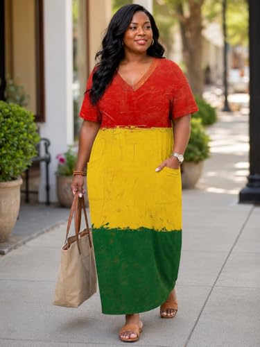 Image of Plus Size Maxi Dress for Women Short Sleeve V Neck Casual Loose Sundress with Pockets