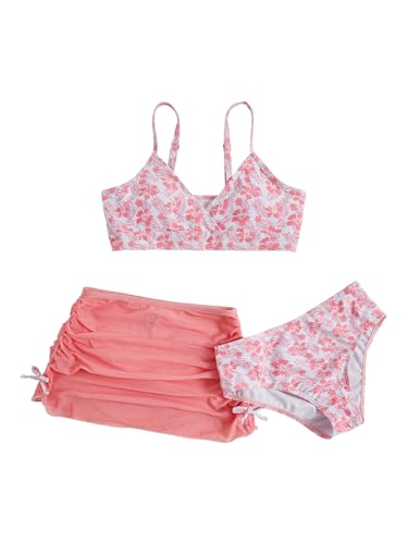 Image of COZYEASE Girls' 3 Piece Set Floral Print Bikini Swimsuit with Drawstring Beach Skirt Cute Ruched Bathing Suit